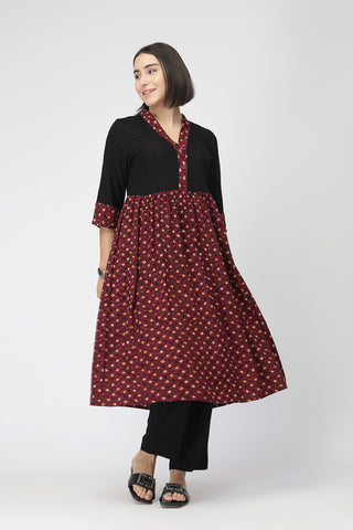 Maternity Zipless Feeding Kurta Set -Black & Maroon