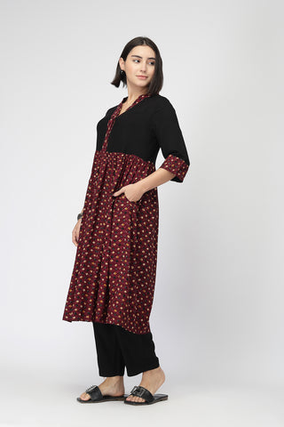 Maternity Zipless Feeding Kurta Set -Black & Maroon
