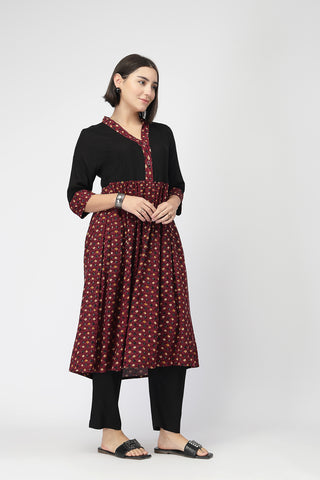 Maternity Zipless Feeding Kurta Set -Black & Maroon