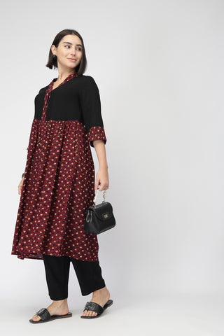 Maternity Zipless Feeding Kurta Set -Black & Maroon