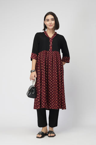 Maternity Zipless Feeding Kurta Set -Black & Maroon