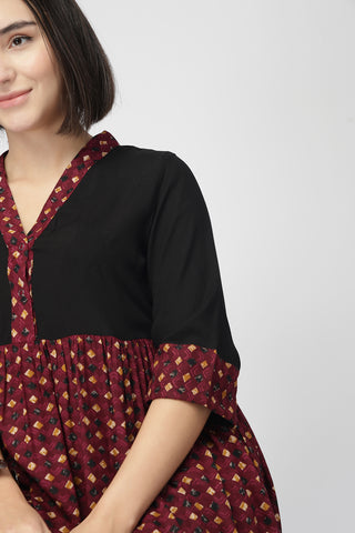 Maternity Zipless Feeding Kurta Set -Black & Maroon