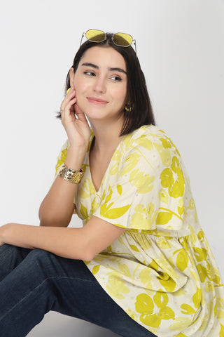 Maternity Gathered Top with Concealed Zip Feeding - Mustard