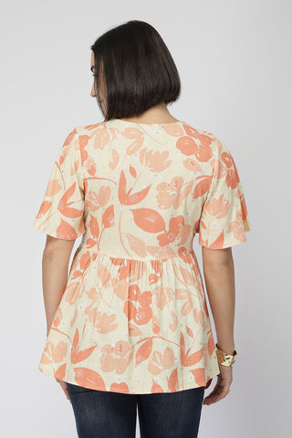 Maternity Rayon Printed  Top with Zip Feeding - Orange