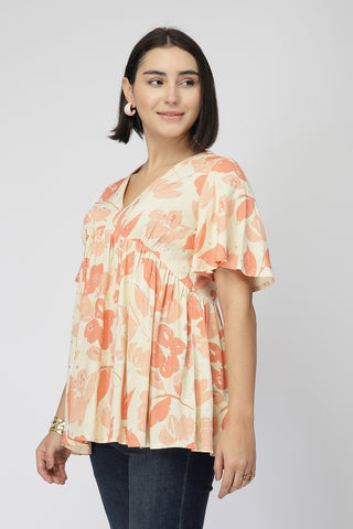 Maternity Rayon Printed  Top with Zip Feeding - Orange
