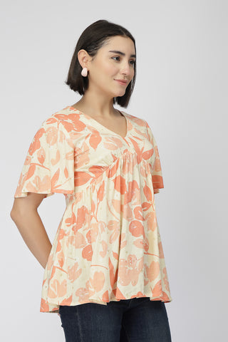 Maternity Rayon Printed  Top with Zip Feeding - Orange