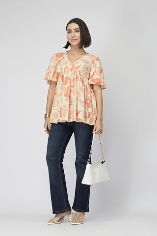 Maternity Rayon Printed  Top with Zip Feeding - Orange