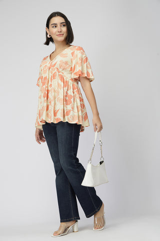 Maternity Rayon Printed  Top with Zip Feeding - Orange