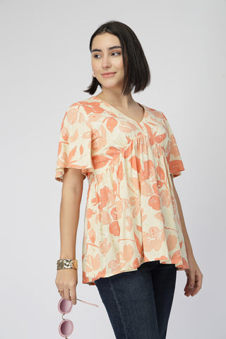 Maternity Rayon Printed  Top with Zip Feeding - Orange