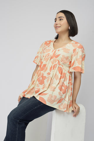 Maternity Rayon Printed  Top with Zip Feeding - Orange