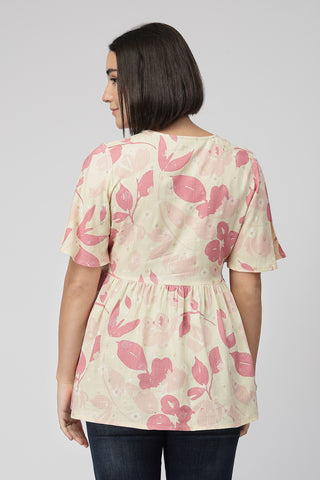 Maternity Printed  Top with Zip Feeding - PINK