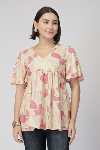 Maternity Printed  Top with Zip Feeding - PINK