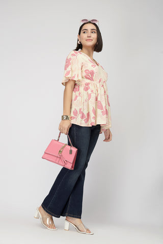 Maternity Printed  Top with Zip Feeding - PINK