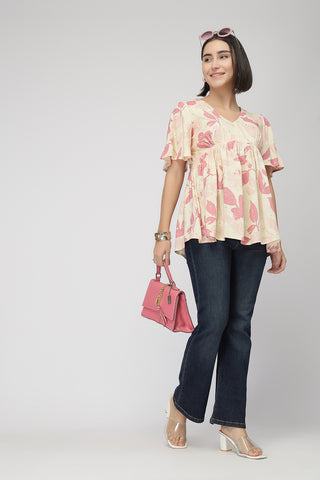 Maternity Printed  Top with Zip Feeding - PINK