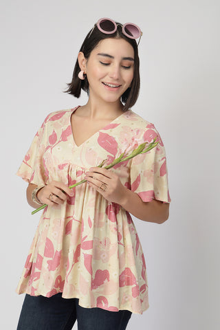 Maternity Printed  Top with Zip Feeding - PINK