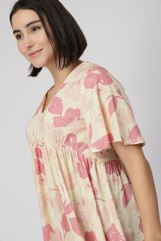 Maternity Printed  Top with Zip Feeding - PINK