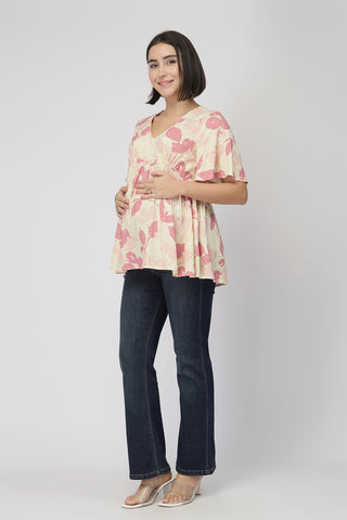 Maternity Printed  Top with Zip Feeding - PINK