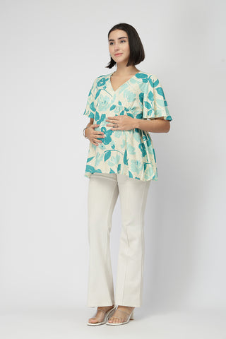 Maternity Gathered Top with Zip - Turquoise