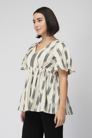 Broad Ikat Gathered Top with Zip - OFF-WHITE