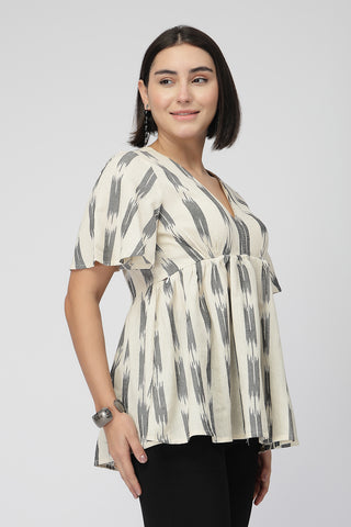 Broad Ikat Gathered Top with Zip - OFF-WHITE