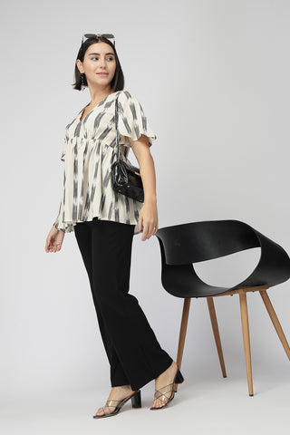 Broad Ikat Gathered Top with Zip - OFF-WHITE