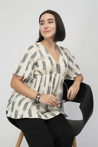 Broad Ikat Gathered Top with Zip - OFF-WHITE