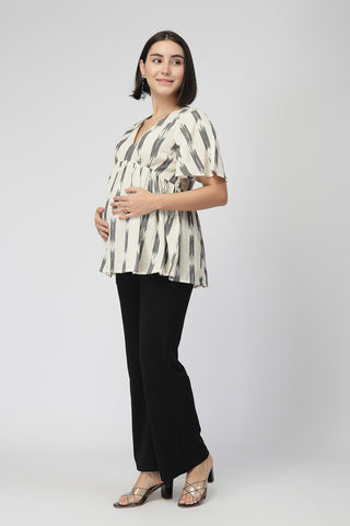 Broad Ikat Gathered Top with Zip - OFF-WHITE