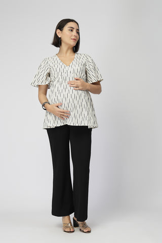 Fine Ikat Maternity Gathered Top with Zip - Off White