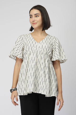 Fine Ikat Maternity Gathered Top with Zip - Off White