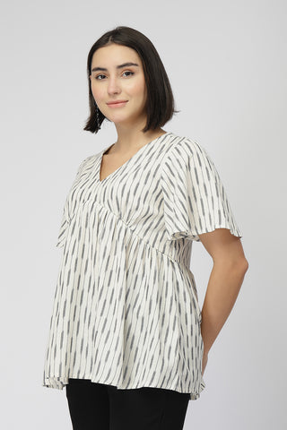 Fine Ikat Maternity Gathered Top with Zip - Off White