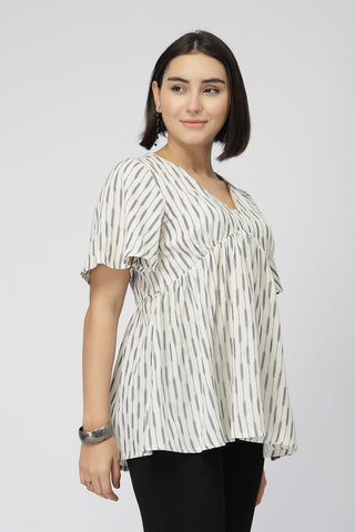 Fine Ikat Maternity Gathered Top with Zip - Off White