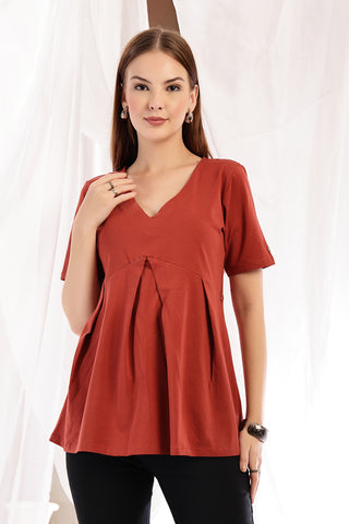 Interior view of Pleated Cotton Maternity Nursing Top - Rust showing Long Zip.