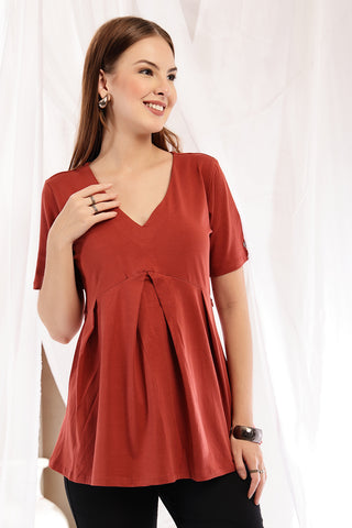 Alternate detail view of Pleated Cotton Maternity Nursing Top - Rust in rust, highlighting Long Zip.