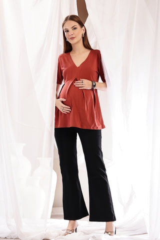 Alternate detail view of Pleated Cotton Maternity Nursing Top - Rust in rust, highlighting Long Zip.