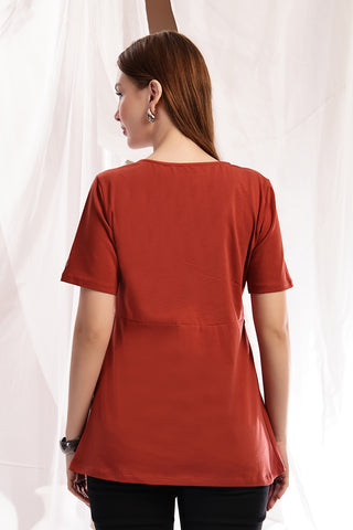 Close-up of rust Maternity Tops showing Long Zip for easy nursing access.