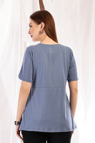 Close-up of light-blue Maternity Tops showing Long Zip for easy nursing access.