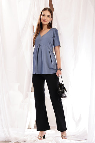 Alternate detail view of Pleated Cotton Maternity Nursing Top - M-Blue in light-blue, highlighting Long Zip.