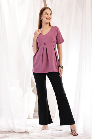 Interior view of Pleated Cotton Maternity Nursing Top - Onion showing Long Zip.