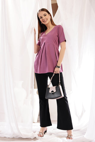 New mom wearing onion Maternity Tops; shows flattering post-delivery fit and Long Zip.