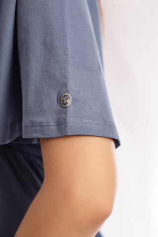 M Blue Top; pure cotton material is soft on skin and lightweight.