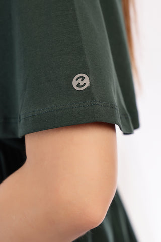 Bottle Green Top short sleeve detail; sleeve length provides arm coverage.