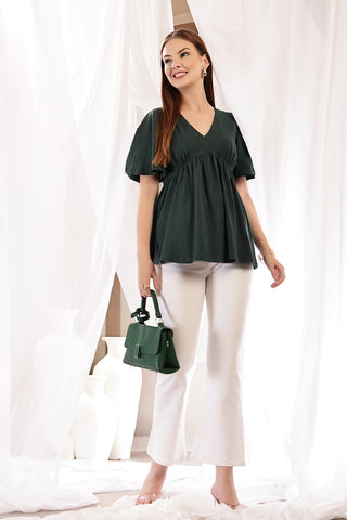 Bottle Green Maternity Top; design is suitable for wear during pregnancy and nursing.