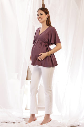 Alternate detail view of V-Neck Cotton Maternity Nursing Top - Rosewood in rosewood, highlighting Long Zip.