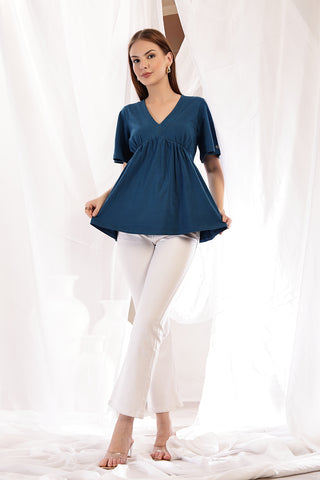 Airforce Maternity Top; cut and material are suitable for wear during pregnancy.