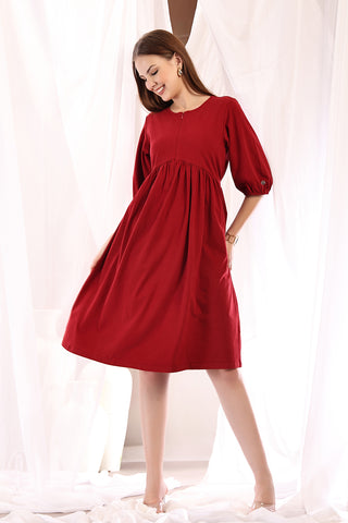 Elegant Deep Red Look of Maternity & Nursing Knee-Length Cotton Dress with Pocket - Perfect for Any Occasion