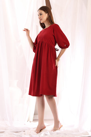 Practical Cotton Feeding Dress with Pockets - Maternity & Nursing Knee-Length Cotton Dress with Pocket