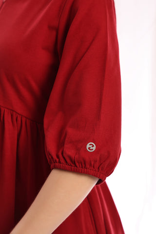 Stylish Deep Red Maternity Wear - Maternity & Nursing Knee-Length Cotton Dress with Pocket for New Moms