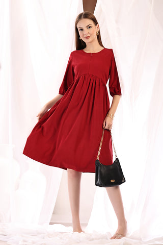 Maternity & Nursing Knee-Length Cotton Dress with Pocket Front View - Deep Red Cotton Maternity Dress with Feeding Zips