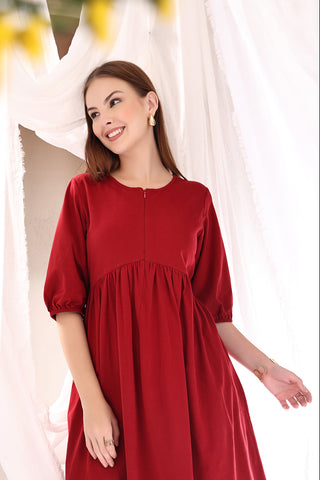 Soft Cotton Texture of Maternity & Nursing Knee-Length Cotton Dress with Pocket - Breathable & Comfy