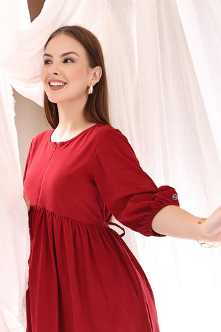 Detail of Hidden Feeding Zips & Pockets on Maternity & Nursing Knee-Length Cotton Dress with Pocket for Breastfeeding